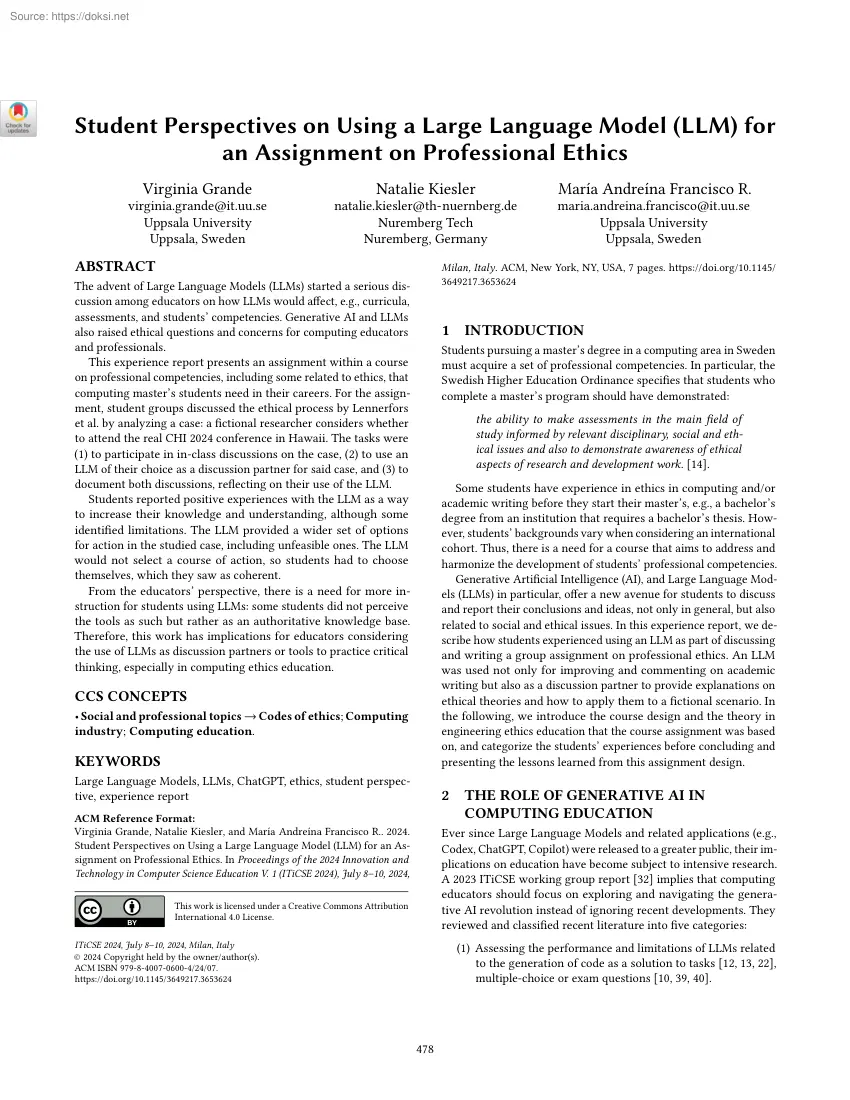 Student Perspectives on Using a Large Language Model (LLM) for an Assignment on Professional Ethics