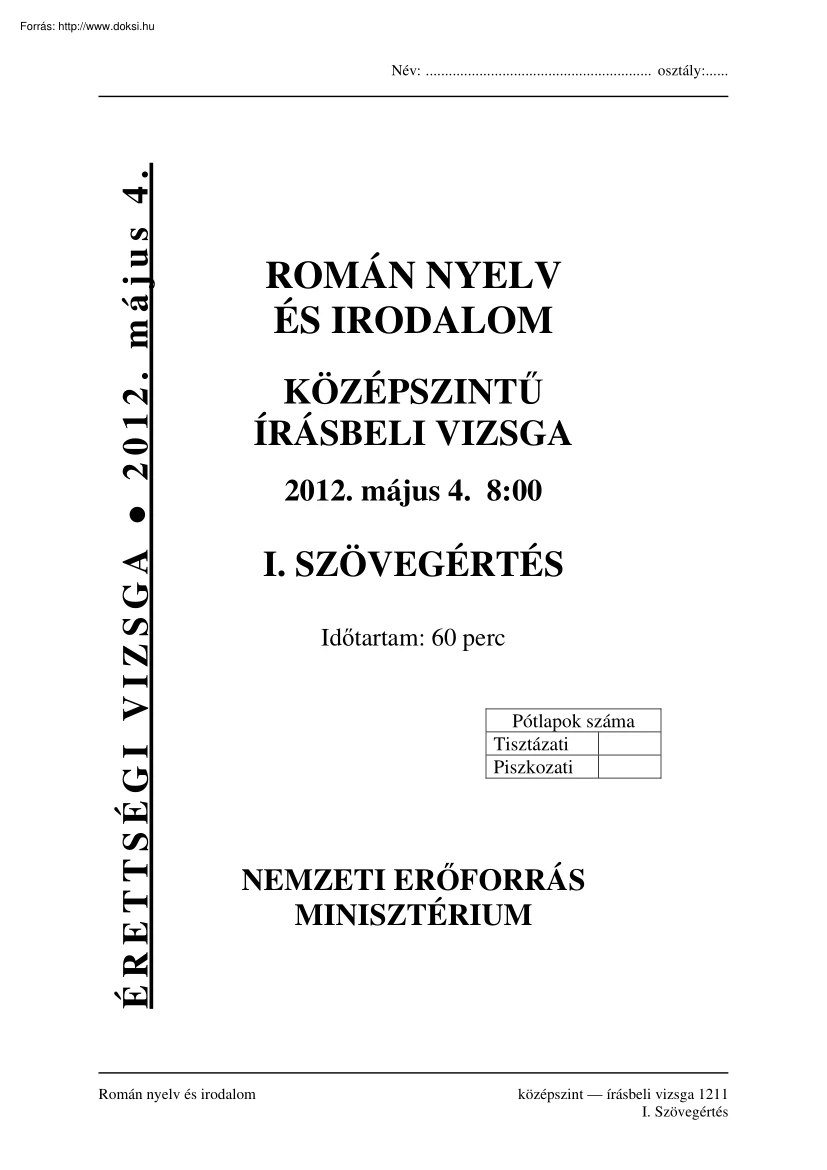 Román nyelv és irodalom középszintű írásbeli érettségi vizsga megoldással, 2012