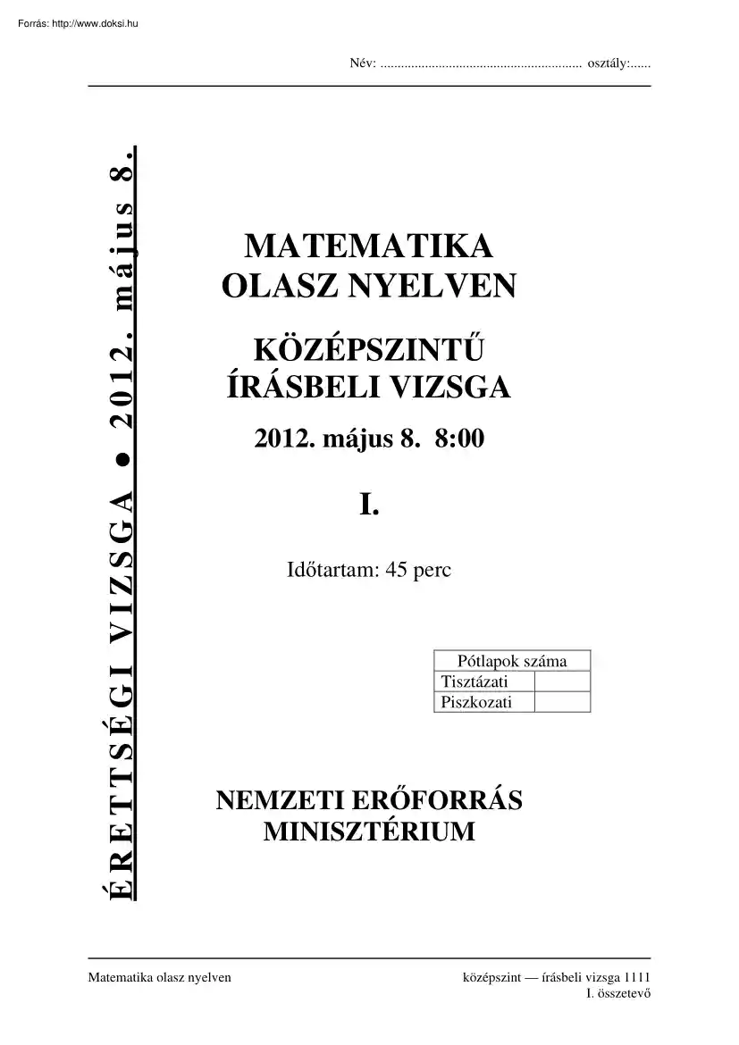 Matematika olasz nyelven középszintű írásbeli érettségi vizsga megoldással, 2012