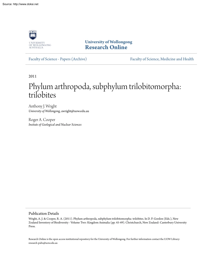 Wright-Cooper - Phylum Arthropoda, Subphylum Trilobitomorpha, Trilobites