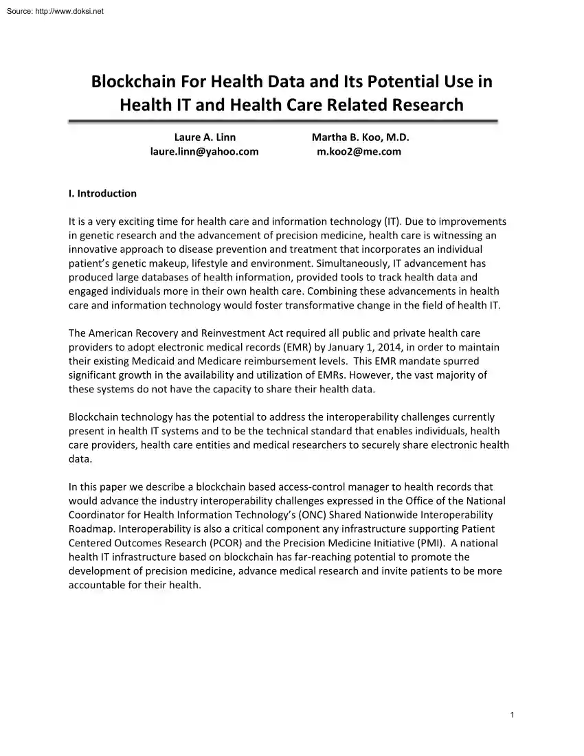 Linn-Koo - Blockchain For Health Data and Its Potential Use in Health IT and Health Care Related Research