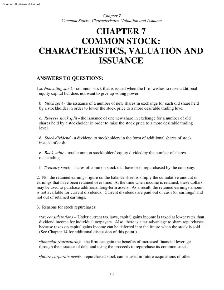 Common Stock, Characteristics, Valuation and Issuance