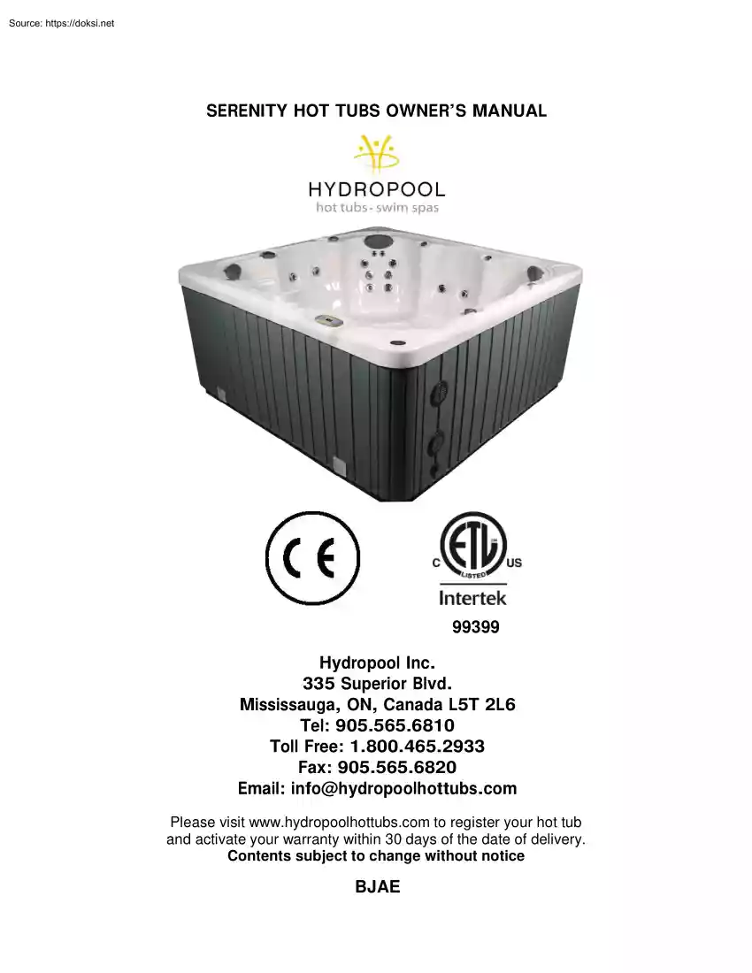 Serenity Hot Tubs Owners Manual