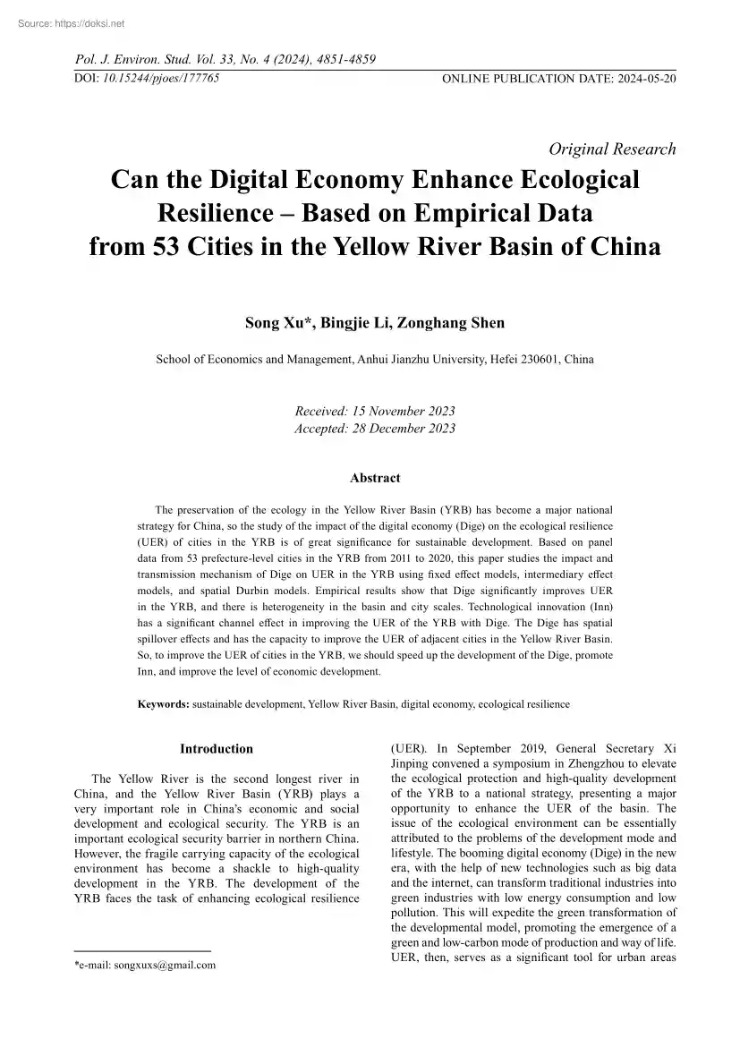 Can the Digital Economy Enhance Ecological Resilience, Based on Empirical Data from 53 Cities in