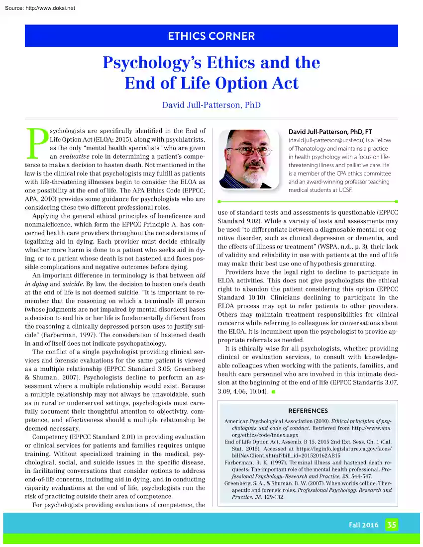David Jull Patterson - Psychology Ethics and the End of Life Option Act
