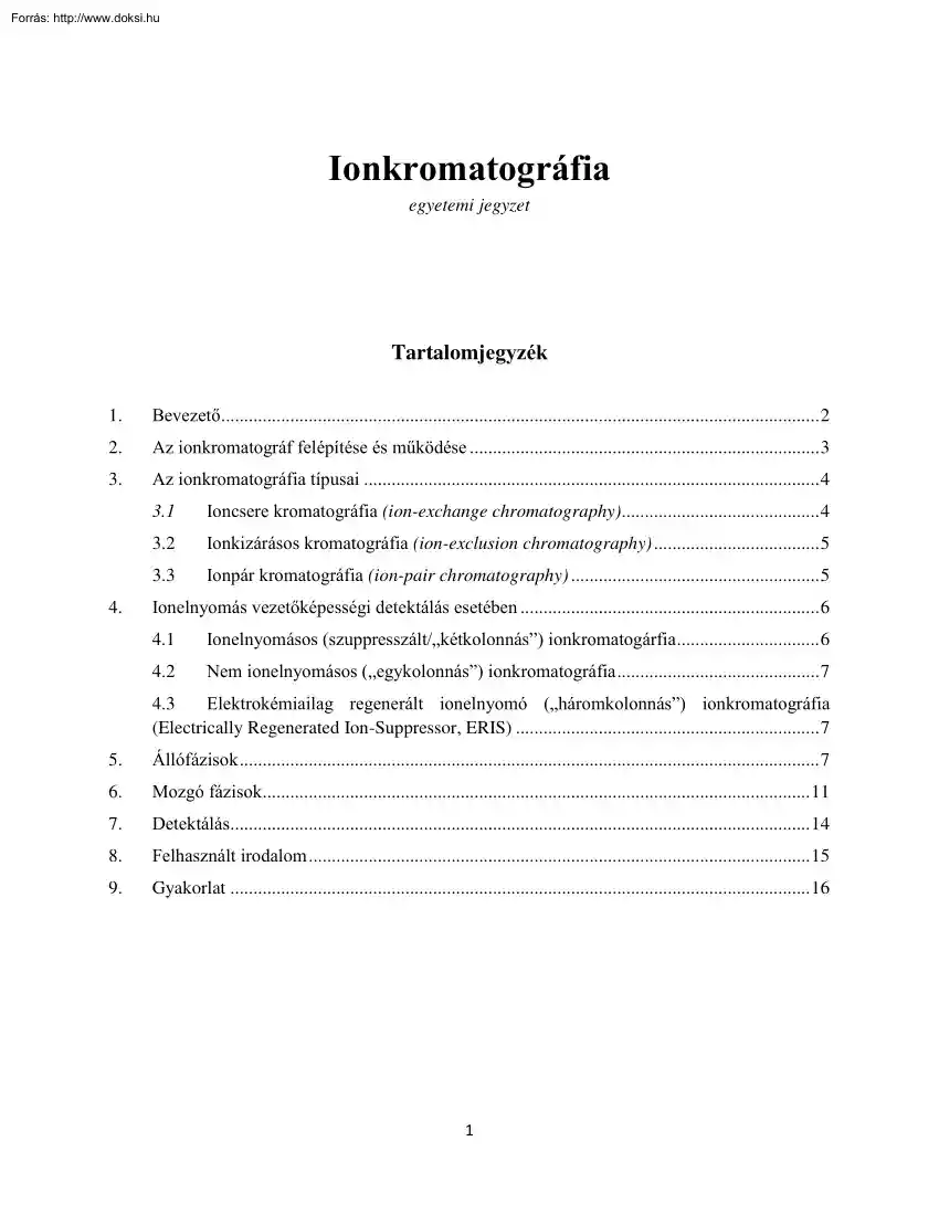 Ionkromatográfia, egyetemi jegyzet