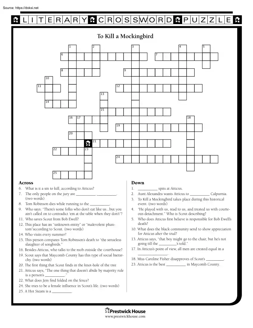 To Kill a Mockingbird, Literary Crossword Puzzle