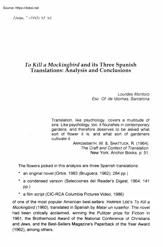 Lourdes Montoro - To Kill a Mockingbird and its Three Spanish Translations, Analysis and Conclusions