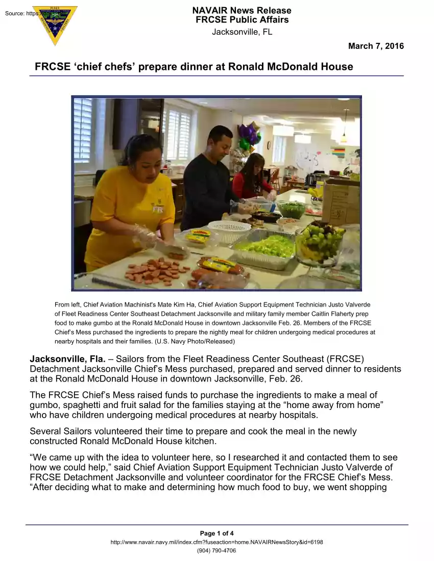 FRCSE Chief Chefs Prepare Dinner at Ronald McDonald House
