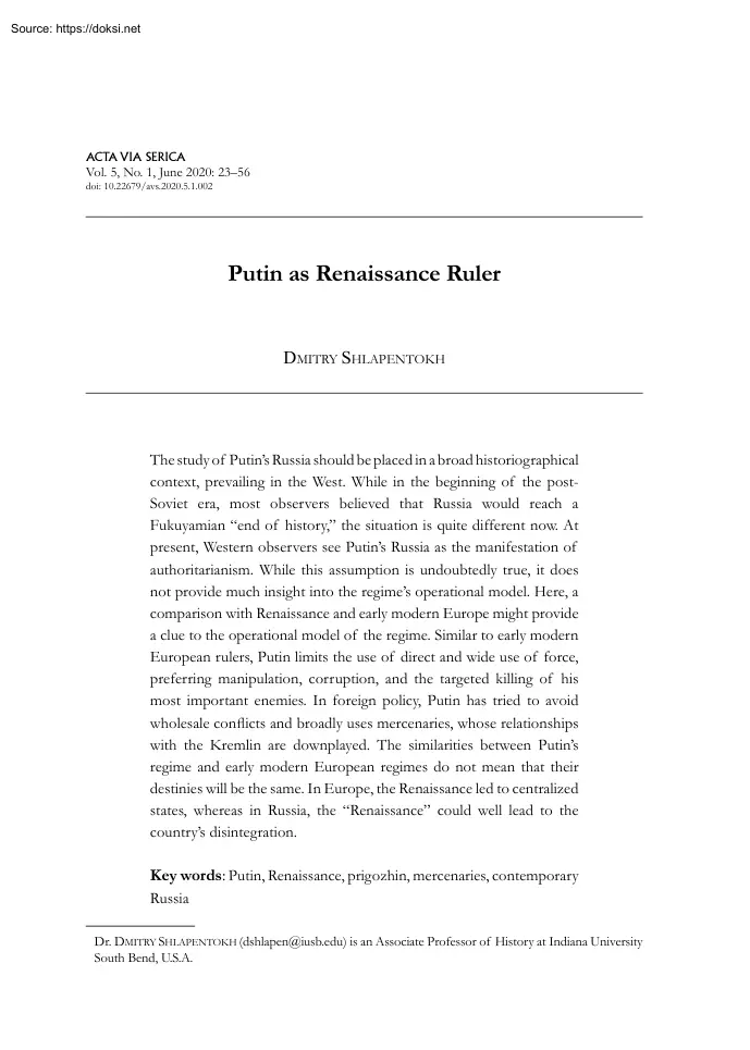 Dmitry Shlapentokh - Putin as Renaissance Ruler