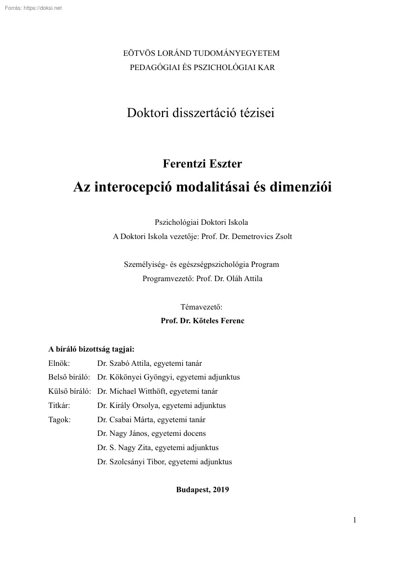 Ferentzi Eszter - Az interocepció modalitásai és dimenziói